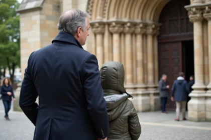 Historien guide un jeune devant une cathédrale ancienne
