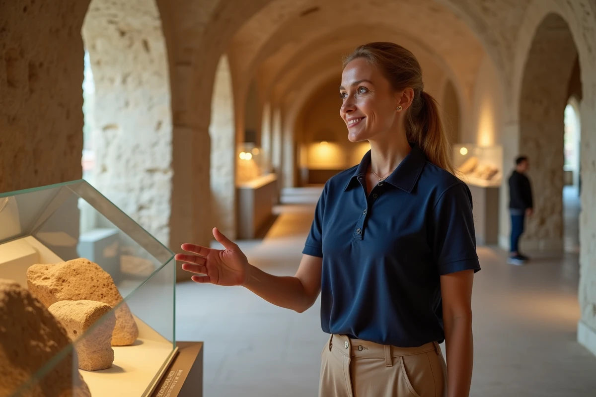 Guide touristique expliquant l'histoire de l'Hypogée de Saflieni aux visiteurs dans le musée d'accueil de Malte