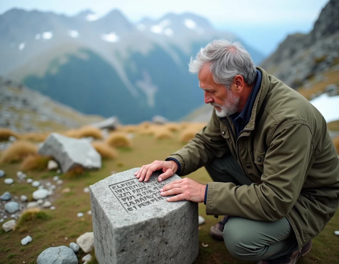 Historien examinant une borne en pierre ancienne au Col du Petit-Saint-Bernard sur un plateau alpin