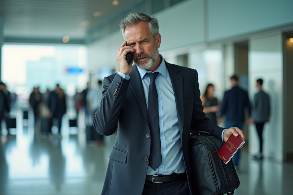 Homme d'affaires anxieux au téléphone à l'aéroport