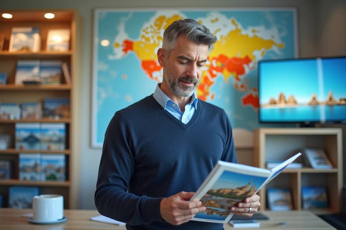 Homme compare brochures voyage dans agence de voyage lumineuse