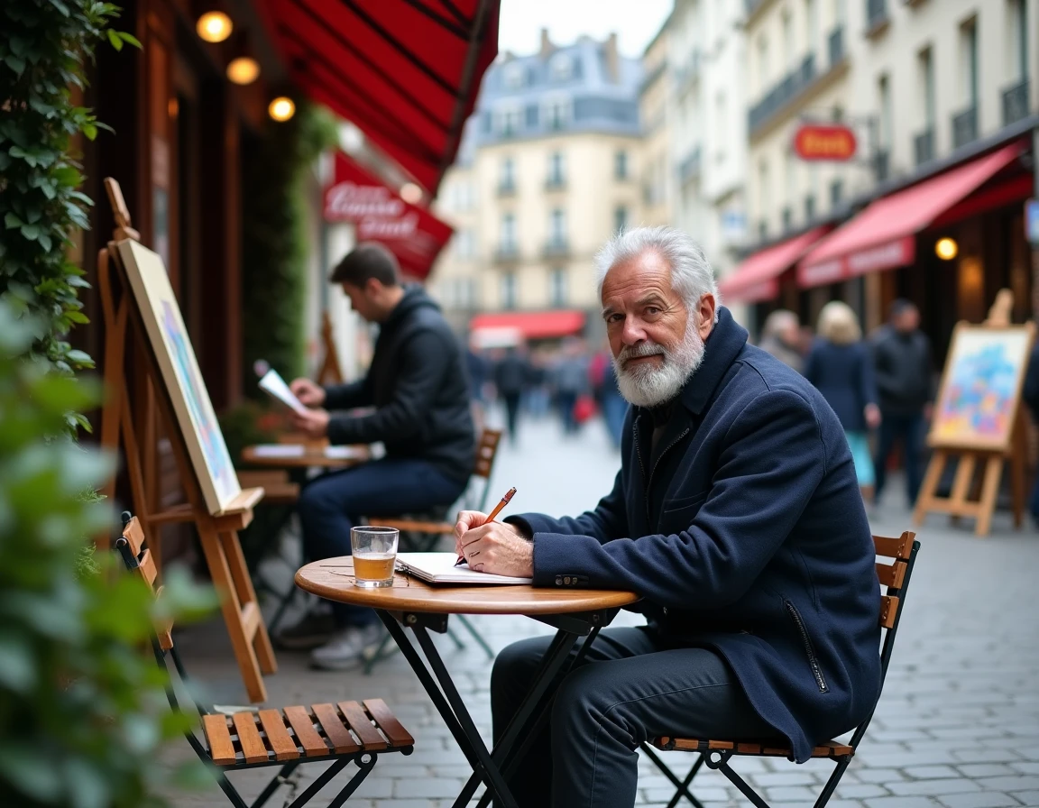 Homme attablé en terrasse Place du Tertre à Montmartre entouré de peintres de rue et de chevalet