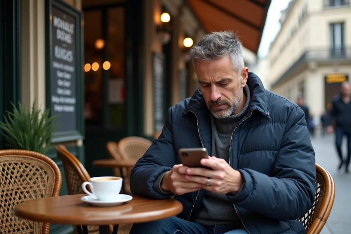 Homme consultant son téléphone en terrasse d'un café parisien dans le quartier Alésia