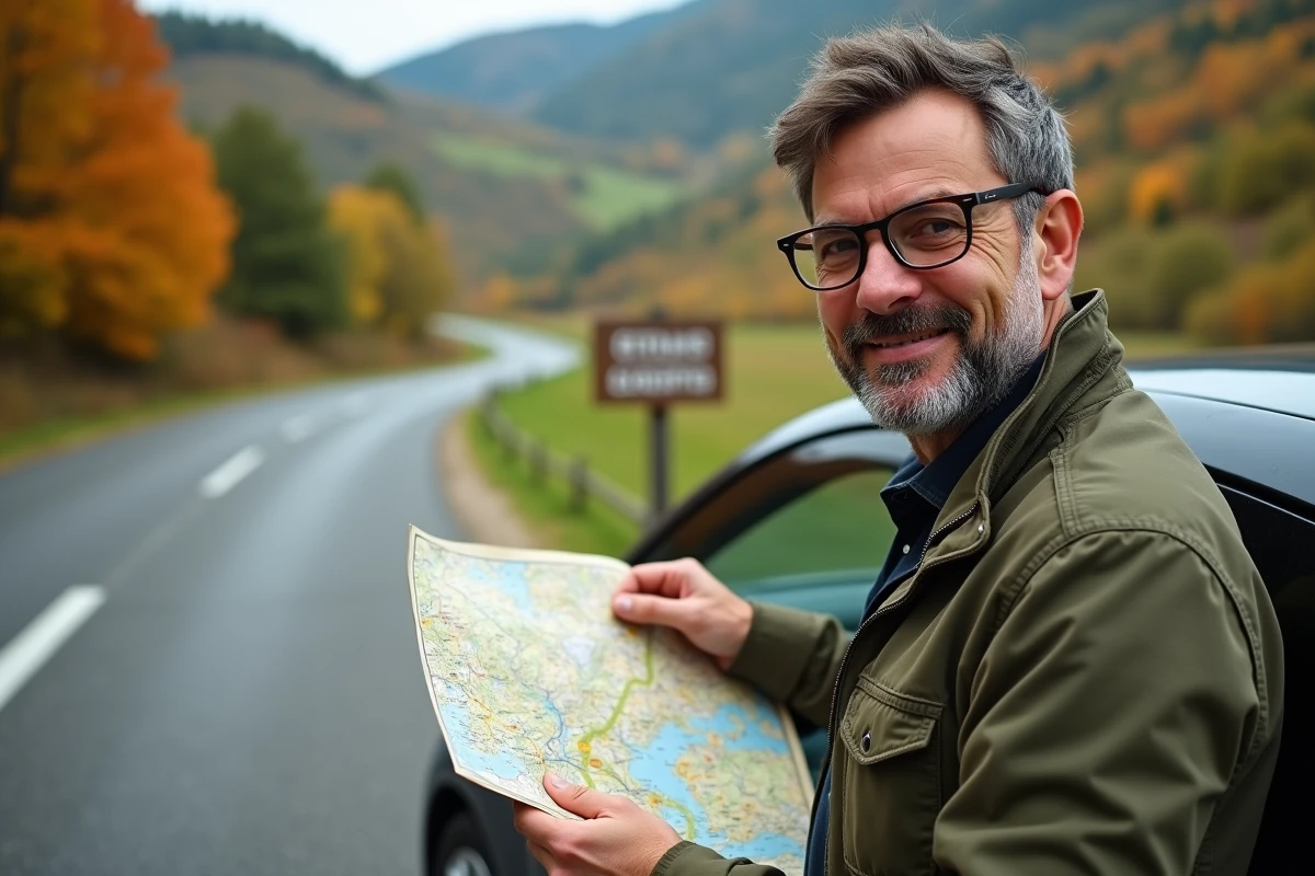Homme consultant une carte Michelin routière appuyée sur une voiture lors d'un road trip en campagne