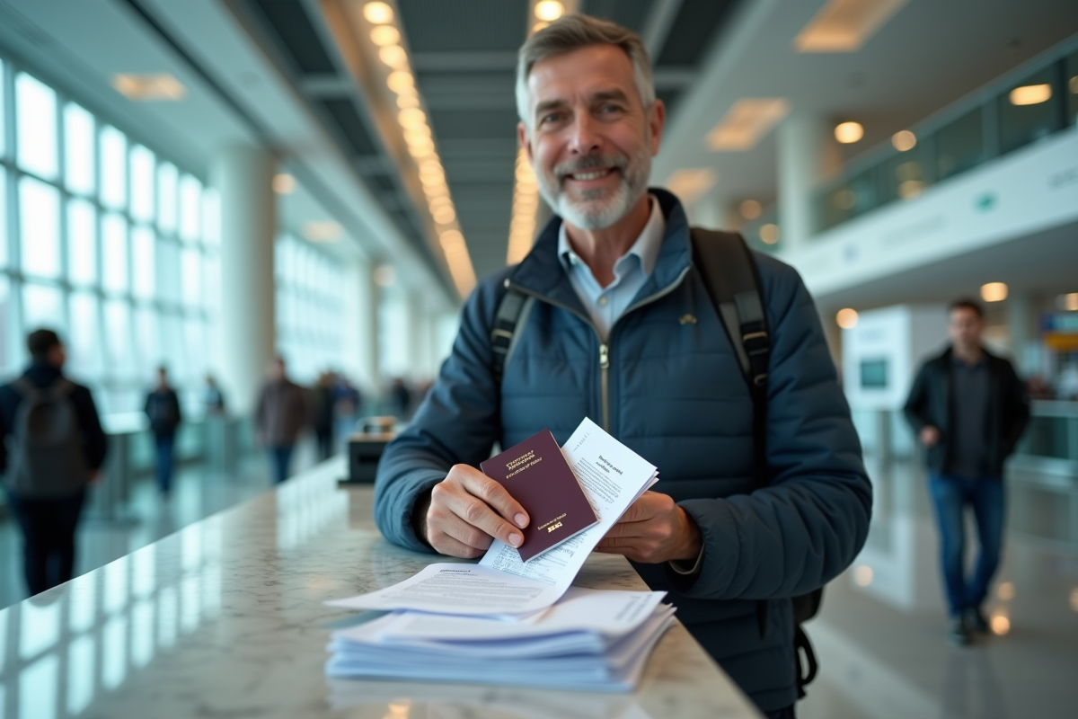 Homme présente ses papiers de voyage au comptoir d