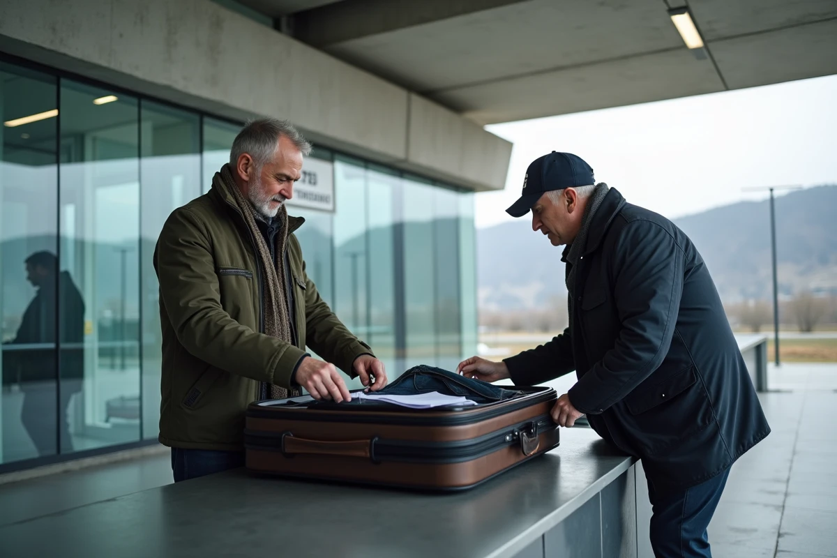 Homme ouvrant sa valise au poste de douane en extérieur