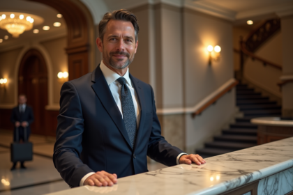 Homme en costume dans un hall d'hôtel luxueux