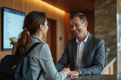 Homme d'âge moyen discutant à la réception d'un hôtel