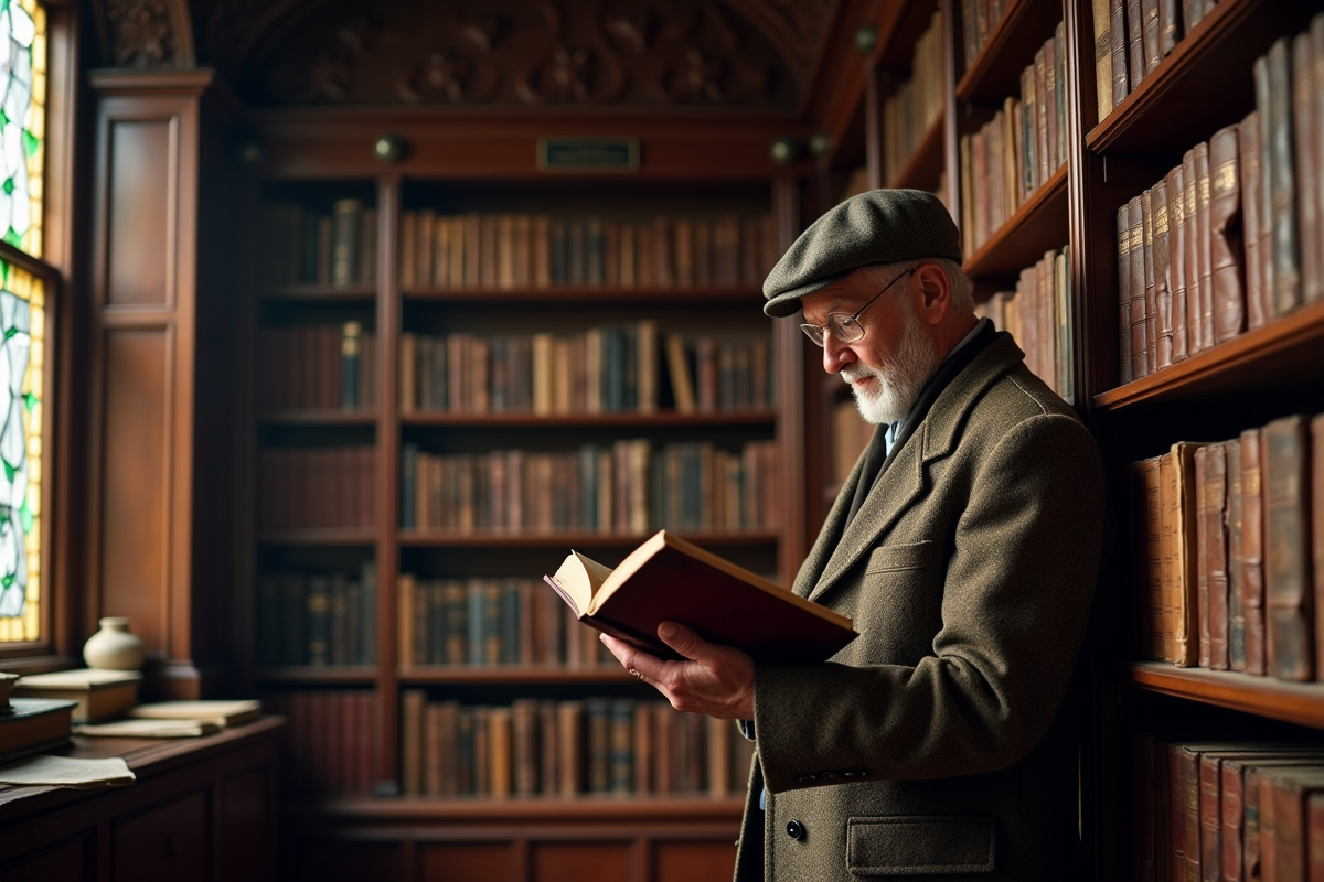 Homme âgé en tweed lisant un livre dans une bibliothèque chaleureuse