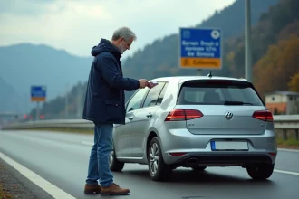 Homme d'âge moyen devant sa voiture à la frontière franco-italienne