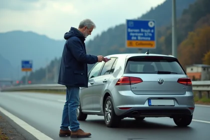 Homme d'âge moyen devant sa voiture à la frontière franco-italienne