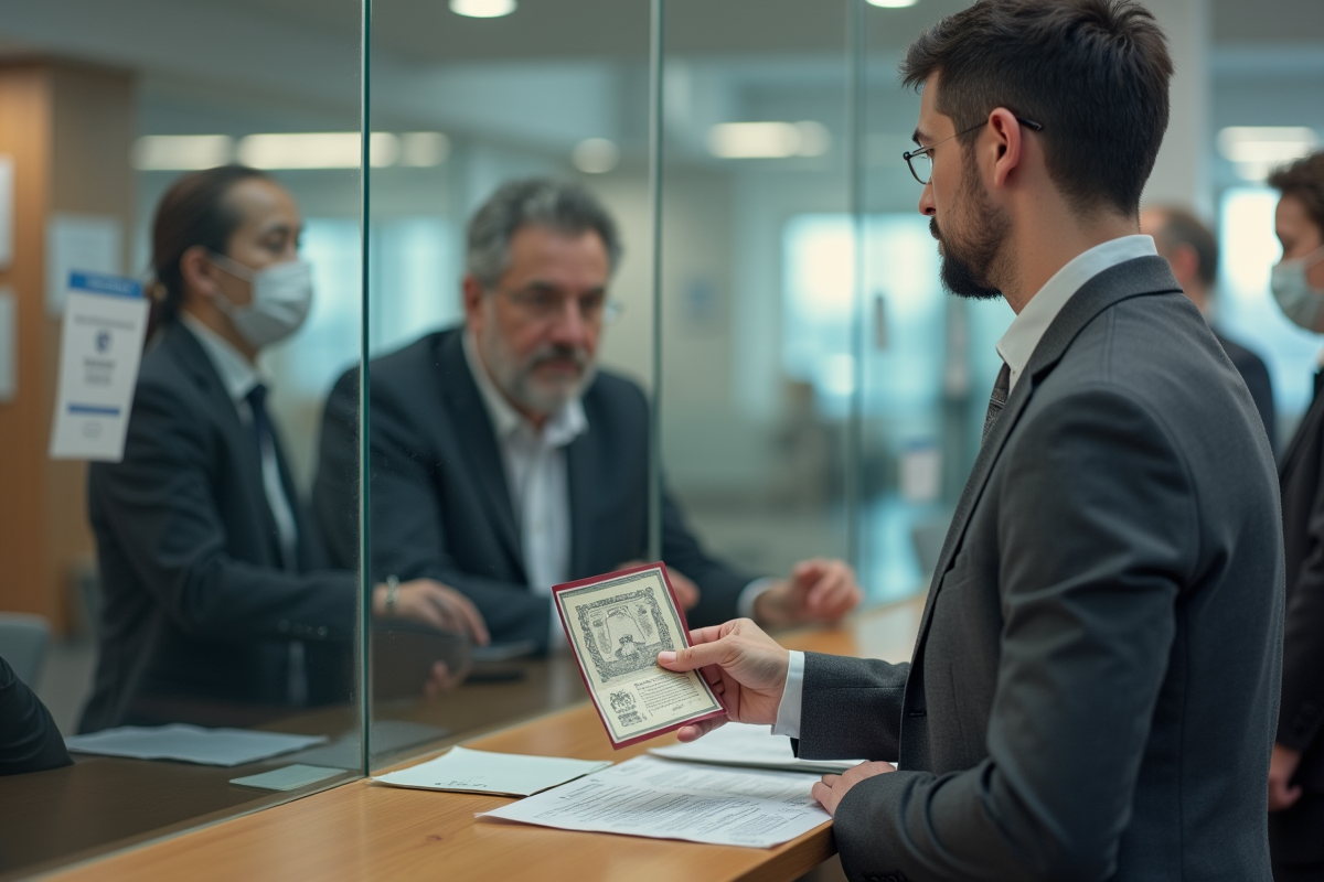 Homme présentant son passeport à un agent dans un bureau administratif