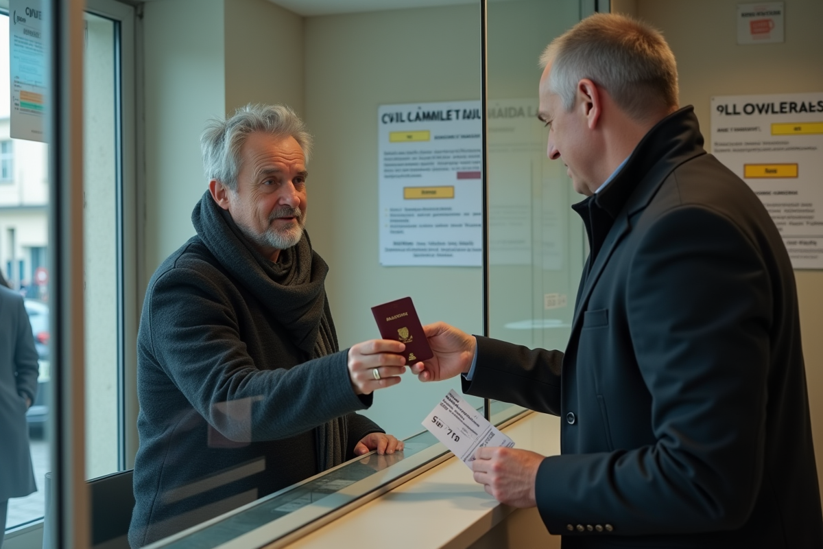 Homme remettant son passeport à un agent municipal