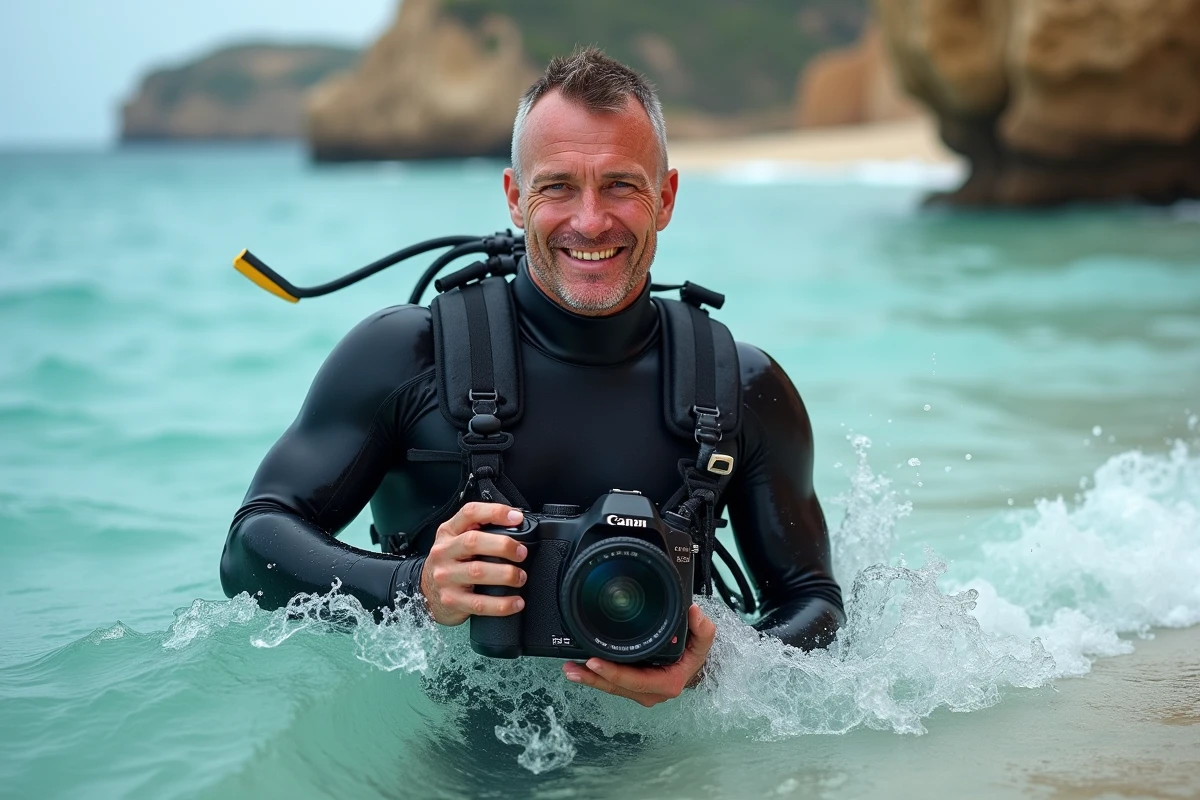 Homme en combinaison de plongée sortant de la mer avec son appareil photo