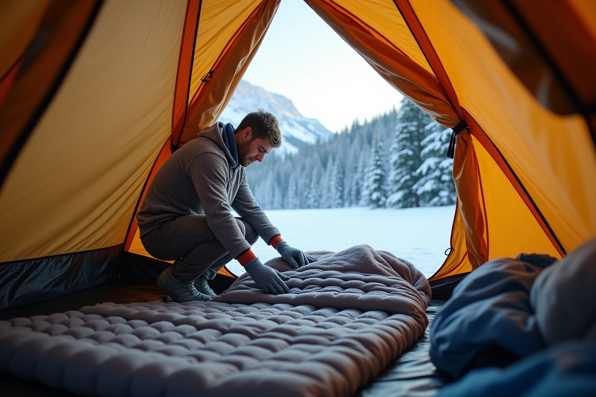 Homme d age moyen arrangeant son matelas isolant dans une tente enneigee