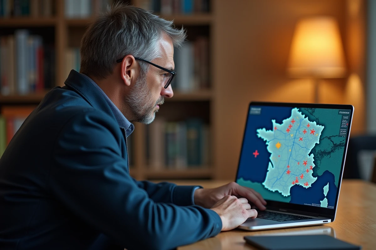 Homme consultant une carte radar de trafic aérien en direct sur un ordinateur portable
