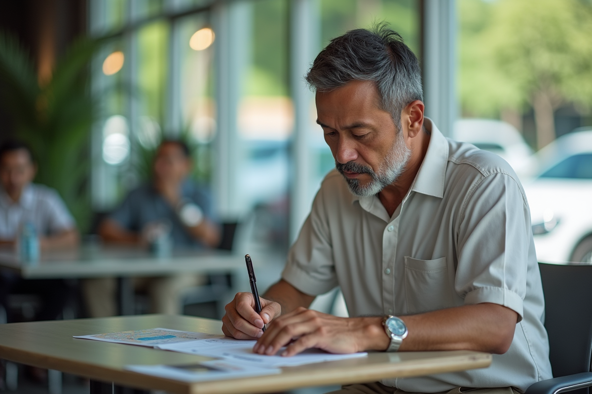 Homme remplissant papiers dans agence de location