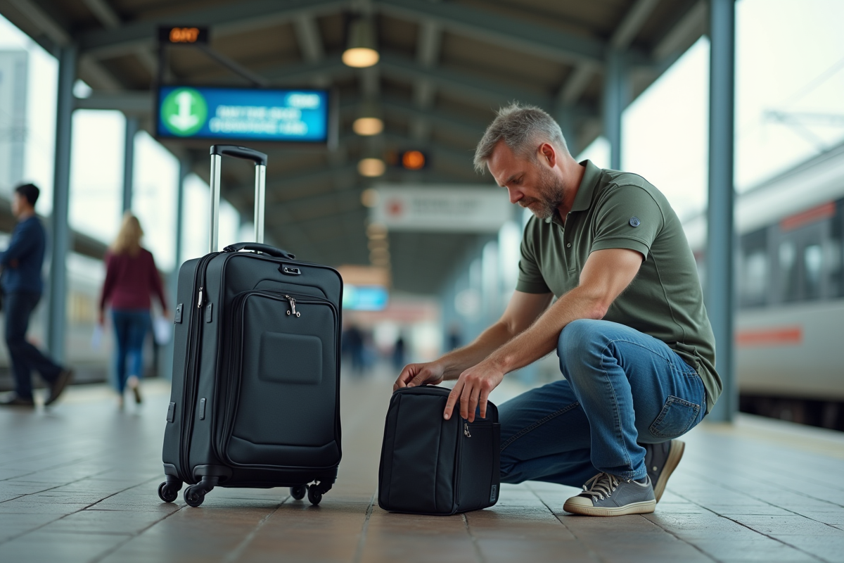 Homme faisant ses bagages à la gare en plein air