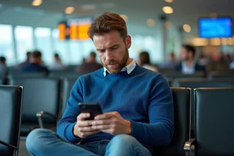 Homme d'âge moyen lisant des avis sur son téléphone à l'aéroport