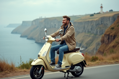 Homme souriant sur scooter au bord de la mer