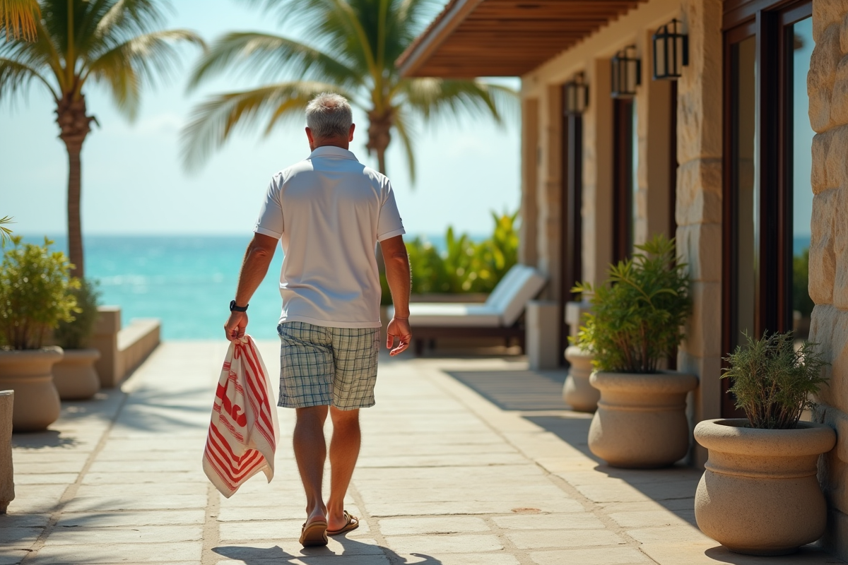 Homme en maillot et polo tient une serviette devant l hotel