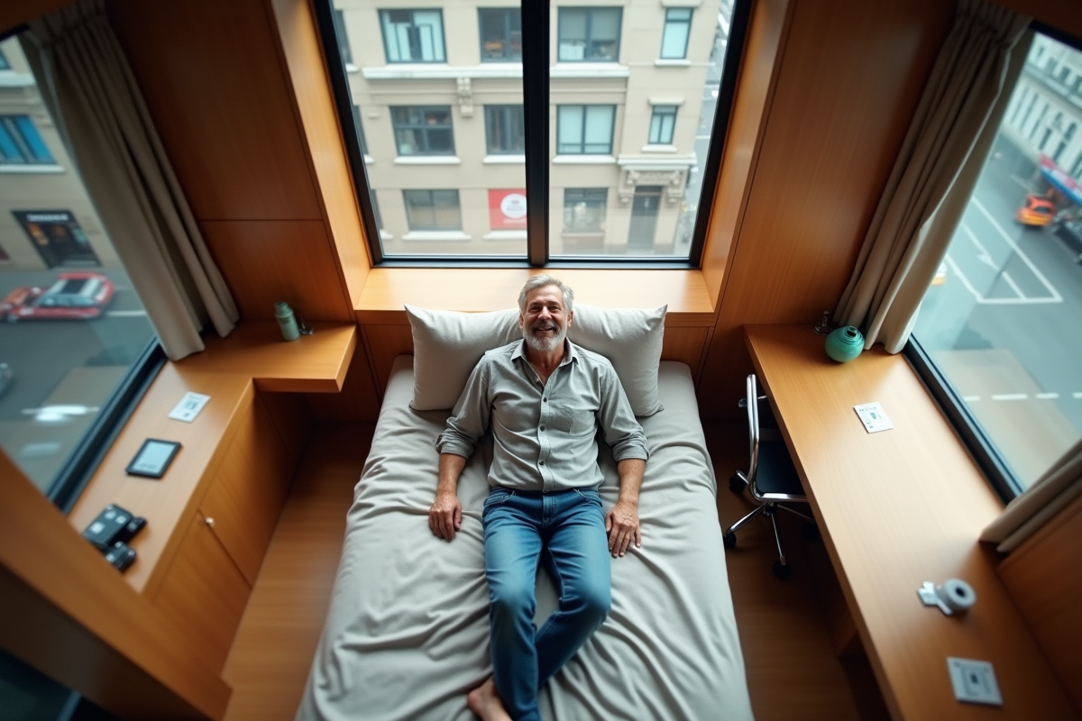 Homme souriant dans la petite chambre d hotel innovante
