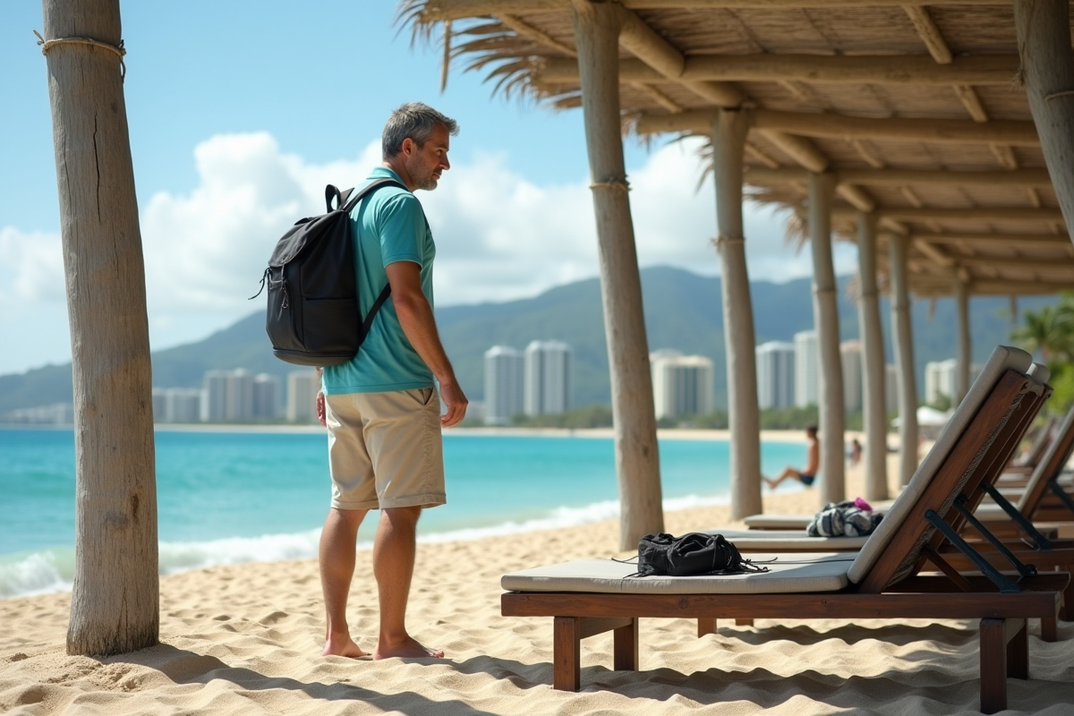 Homme surveillant son sac à Waikiki près de la mer