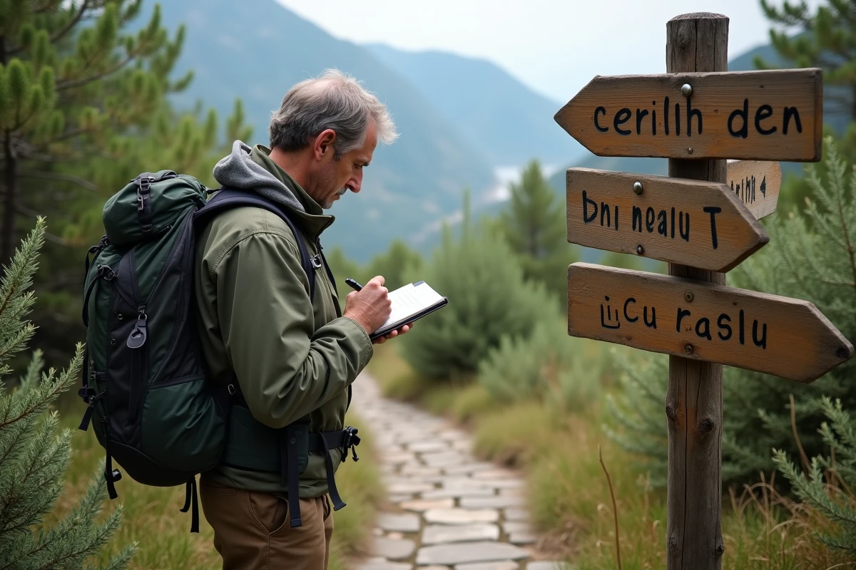 Homme seul notant sur un panneau de sentiers en Ligurie