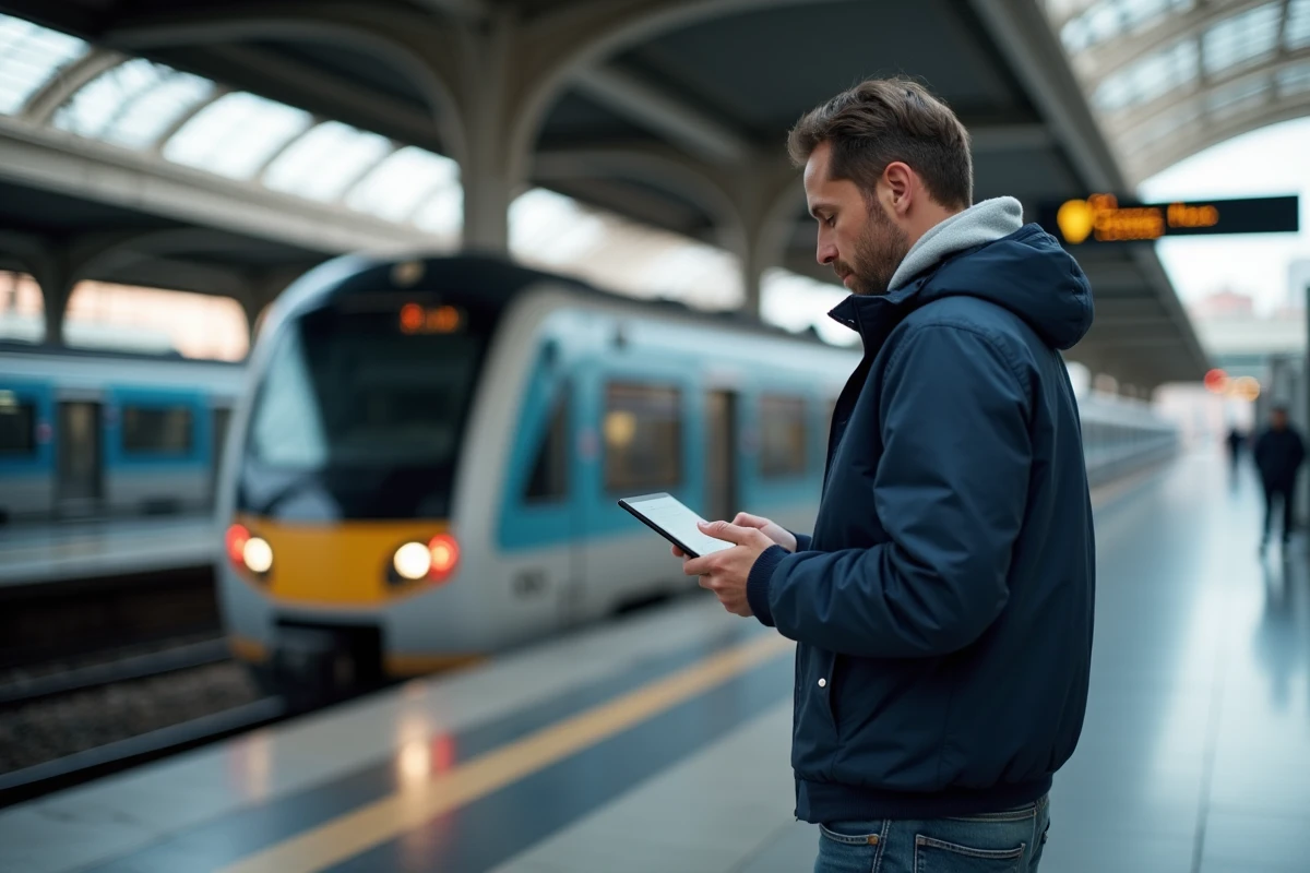 Homme dans une gare utilisant une application sur sa tablette