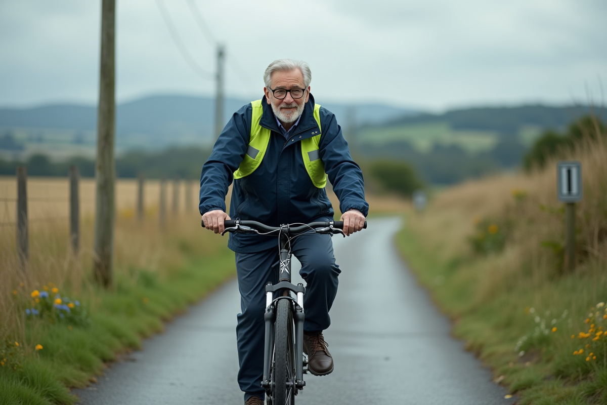 Homme âgé à vélo sur un chemin rural paisible
