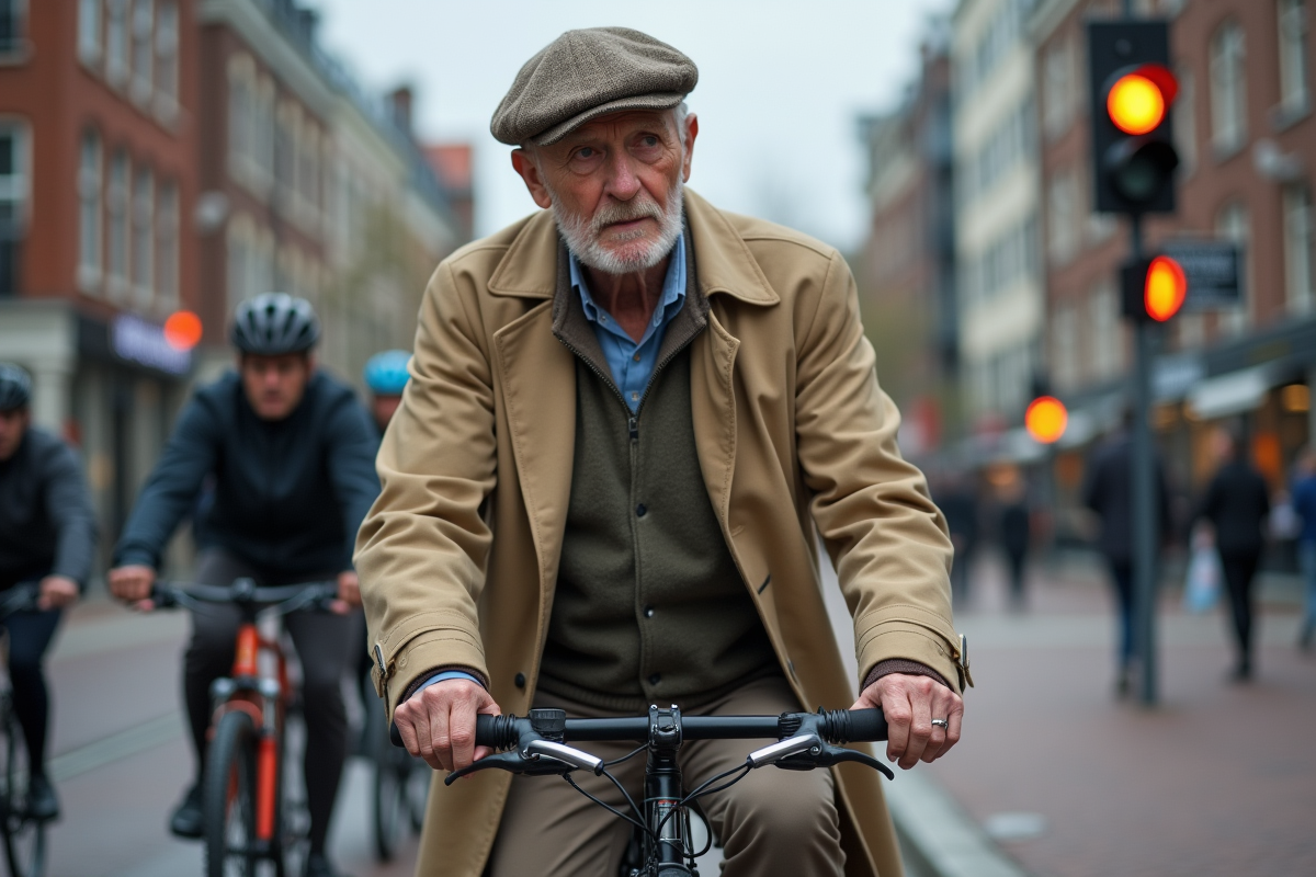 Homme âgé à vélo attendant au feu dans une rue animée d