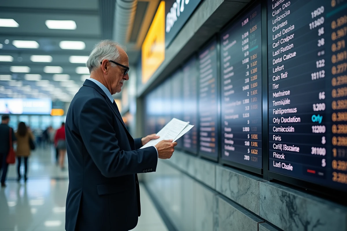 Homme vérifiant un tableau des départs dans un terminal a Paris