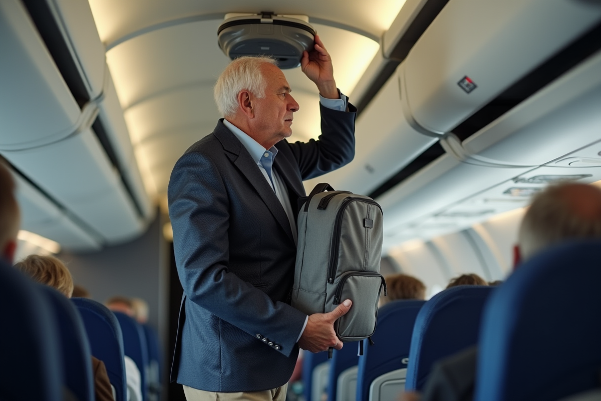 Homme âgé rangeant un sac à dos dans un avion
