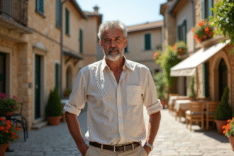 Homme italien debout dans un village pietra d’alba