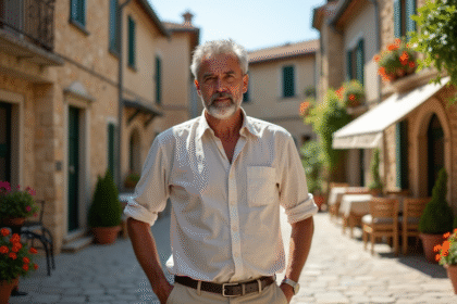 Homme italien debout dans un village pietra d’alba