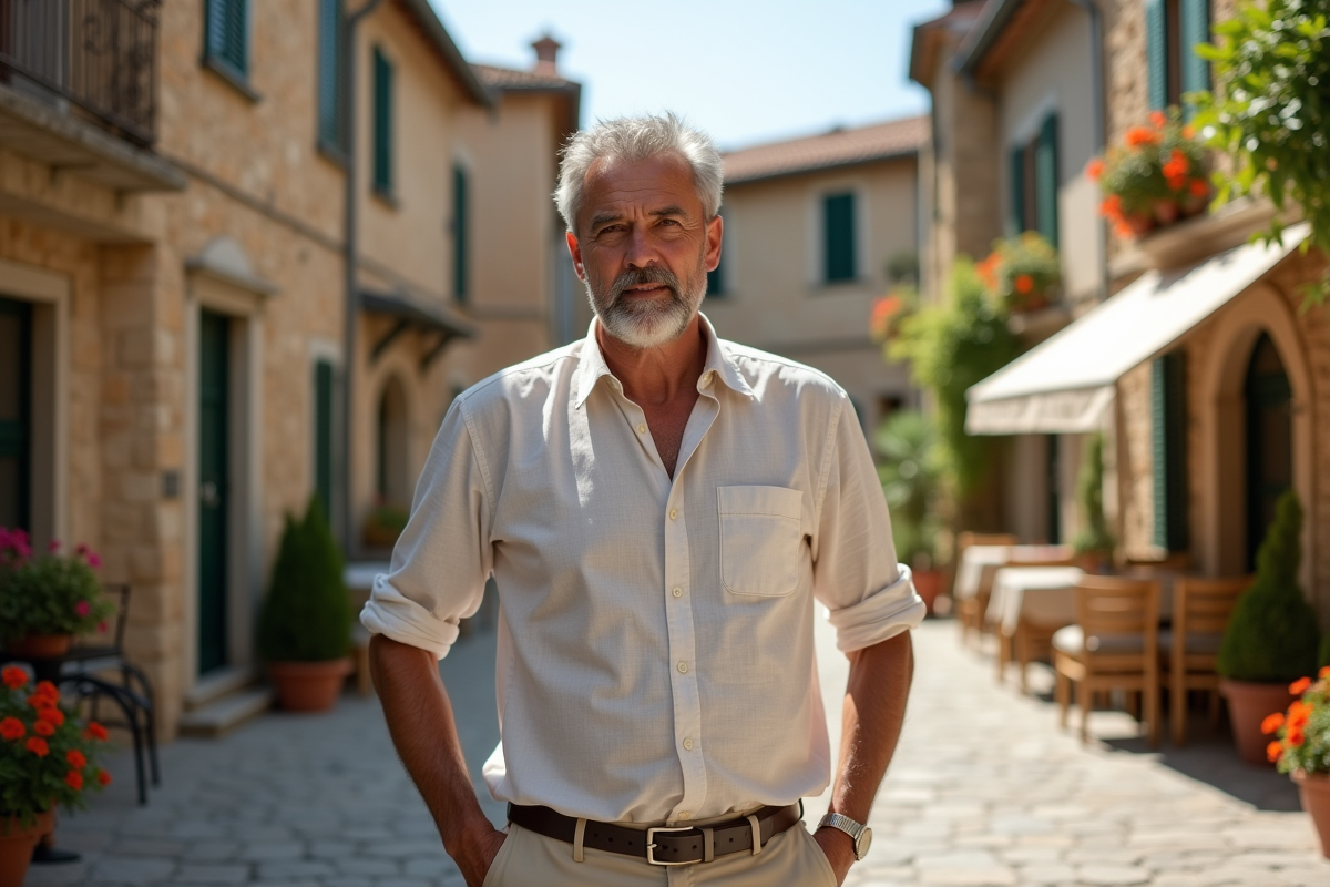 Homme italien debout dans un village pietra d’alba