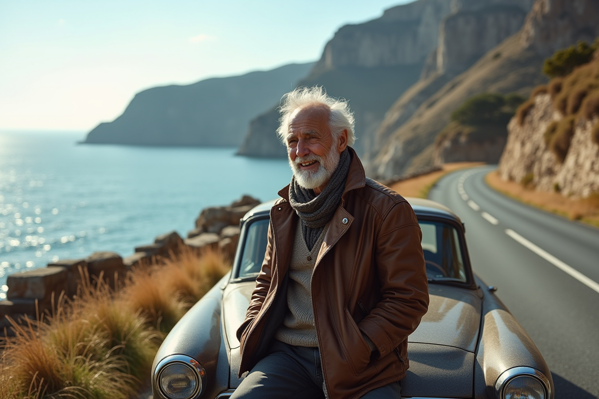 Homme souriant près d une voiture vintage au bord de mer