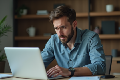 Homme inquiet vérifiant son statut de visa en ligne