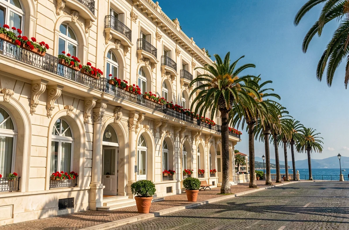 Façade Belle Époque de l'Hôtel Carlton à Beaulieu-sur-Mer avec balcons fleuris et vue sur la mer