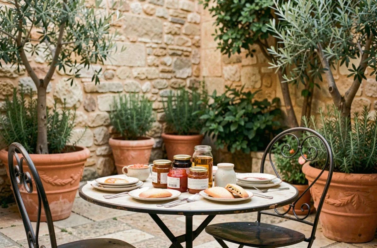 Cour intérieure de l'Hôtel de l'Image à Saint-Rémy-de-Provence avec petit-déjeuner provençal servi en plein air