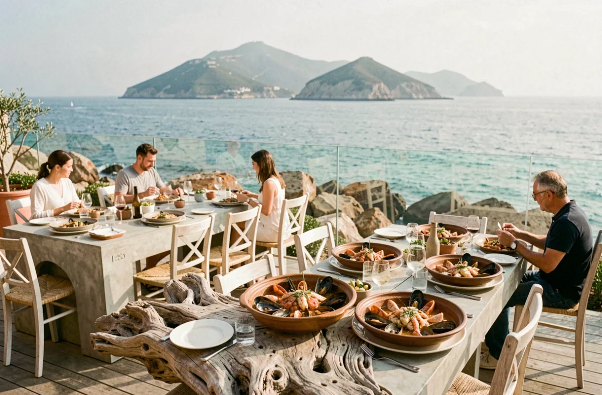Terrasse de l'Hôtel Les Bords de Mer à Marseille avec vue sur les îles du Frioul et repas de bouillabaisse