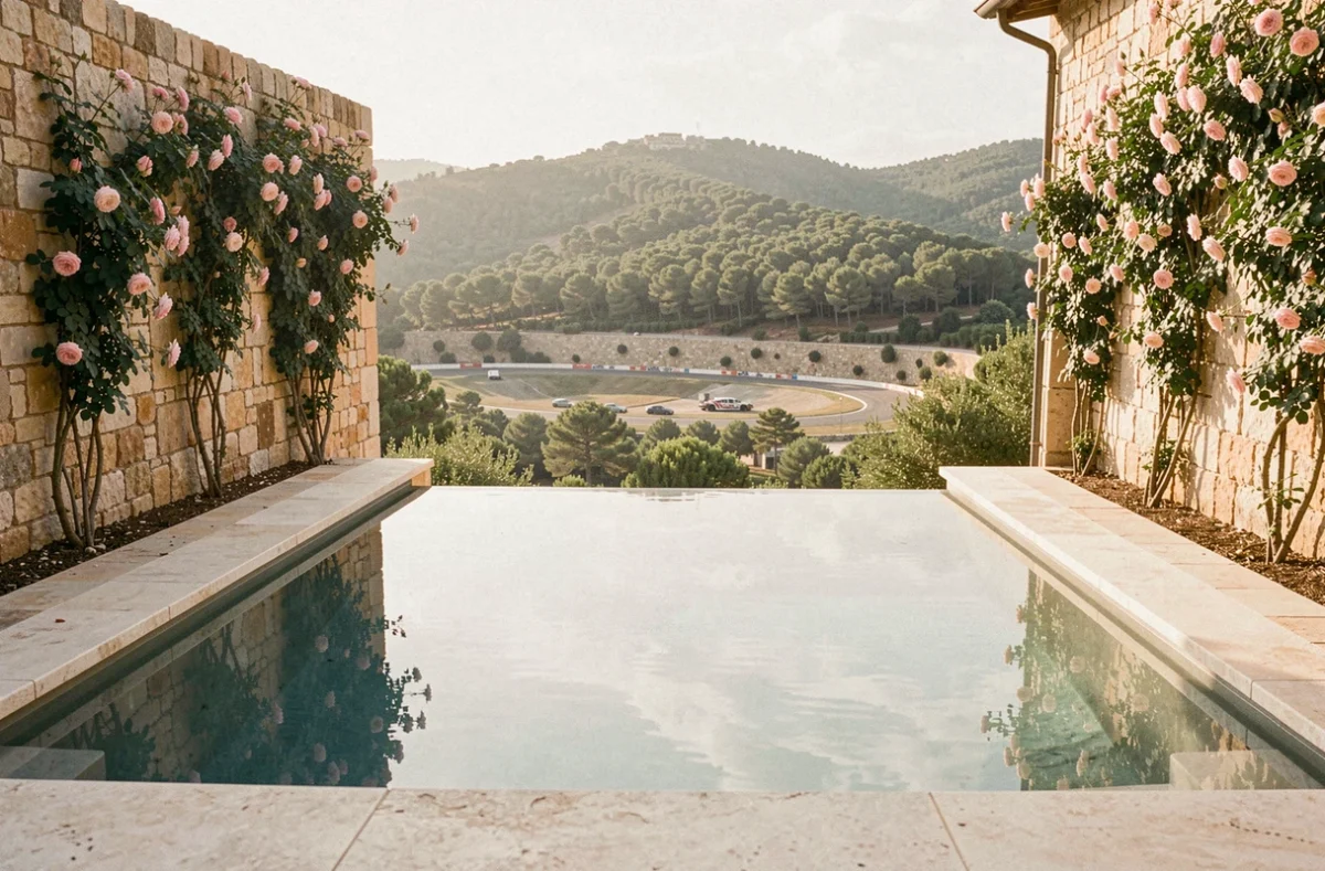 Piscine spa de l'Hôtel & Spa du Castellet avec vue sur les collines du Var et les murs en pierre anciens
