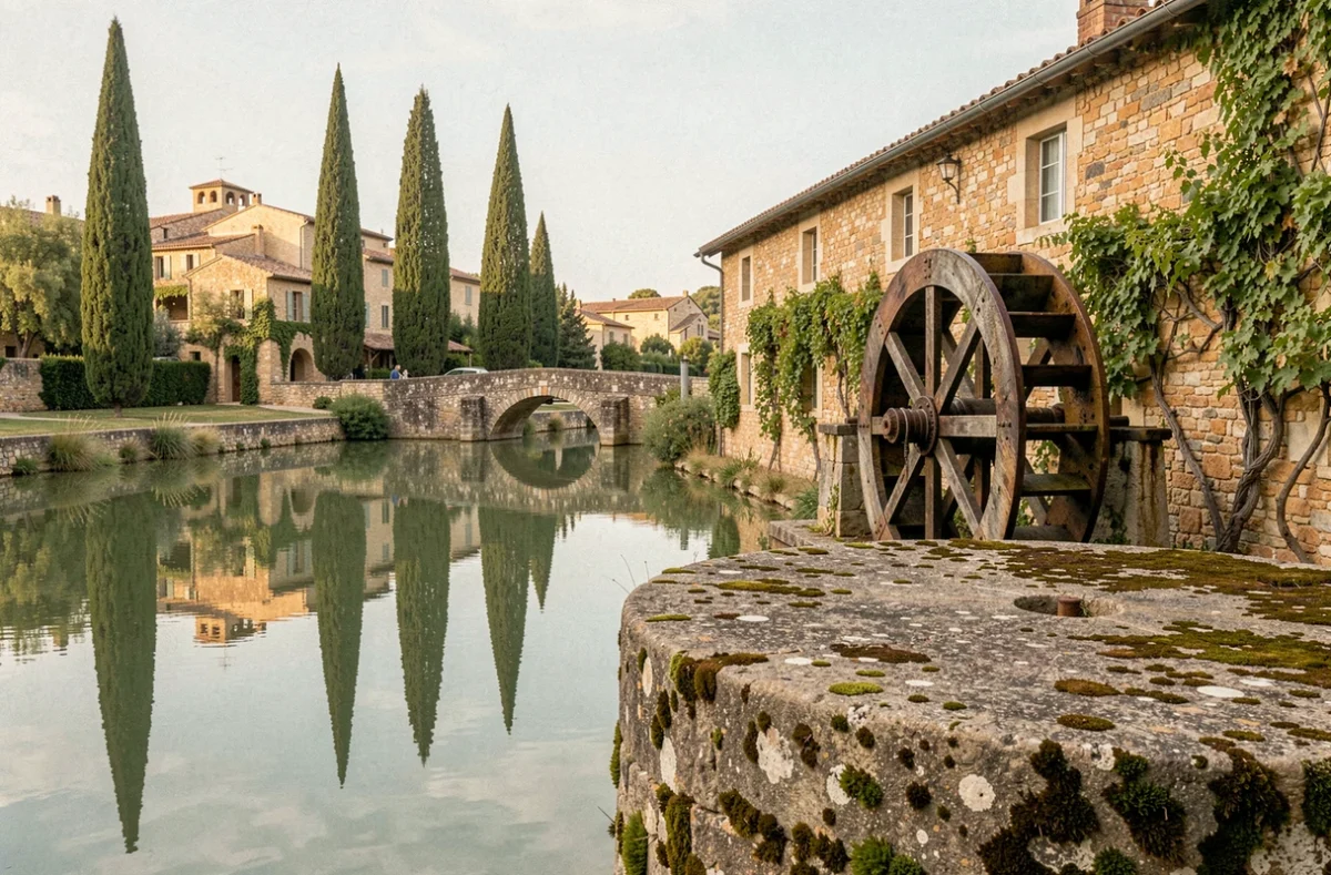 Ancien moulin en pierre de l'Hôtel & Spa Le Moulin de Lourmarin avec reflet dans l'étang et toits du village du Luberon
