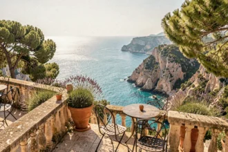 Terrasse d'hôtel de luxe en Provence-Alpes-Côte d'Azur avec vue panoramique sur la Méditerranée