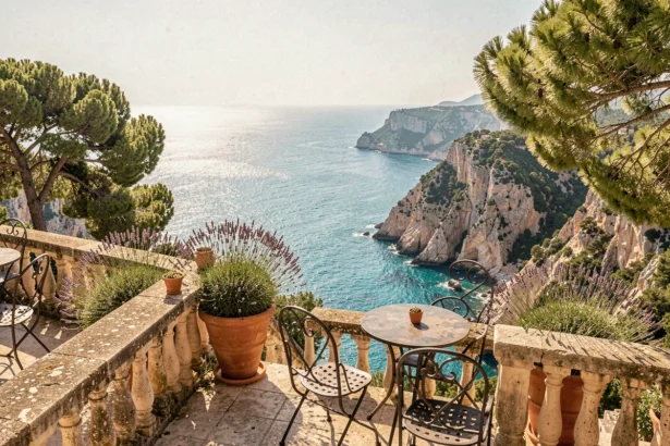 Terrasse d'hôtel de luxe en Provence-Alpes-Côte d'Azur avec vue panoramique sur la Méditerranée