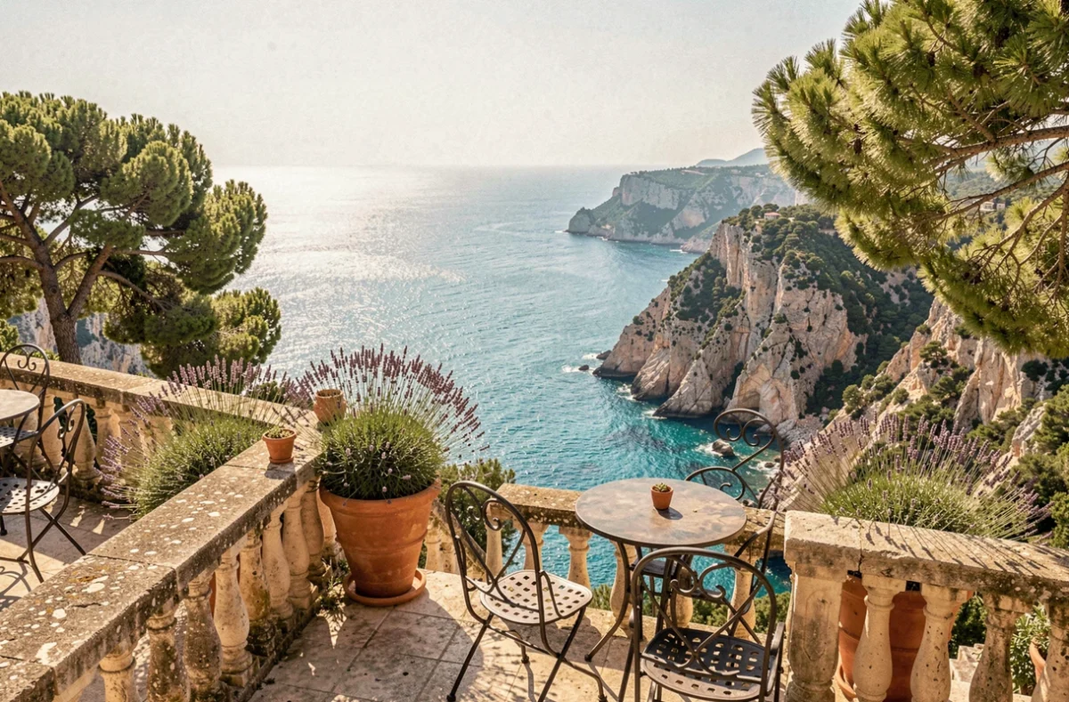 Terrasse d'hôtel de luxe en Provence-Alpes-Côte d'Azur avec vue panoramique sur la Méditerranée