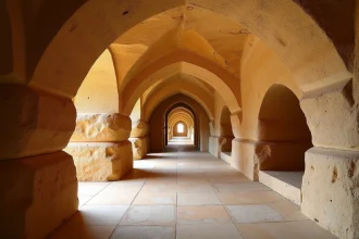 Chambre souterraine de l'Hypogée de Hal Saflieni à Malte, murs en calcaire sculpté aux niches arrondies et architecture préhistorique stratifiée