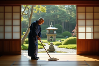 Homme âgé en kimono indigo nettoyant un ryokan japonais