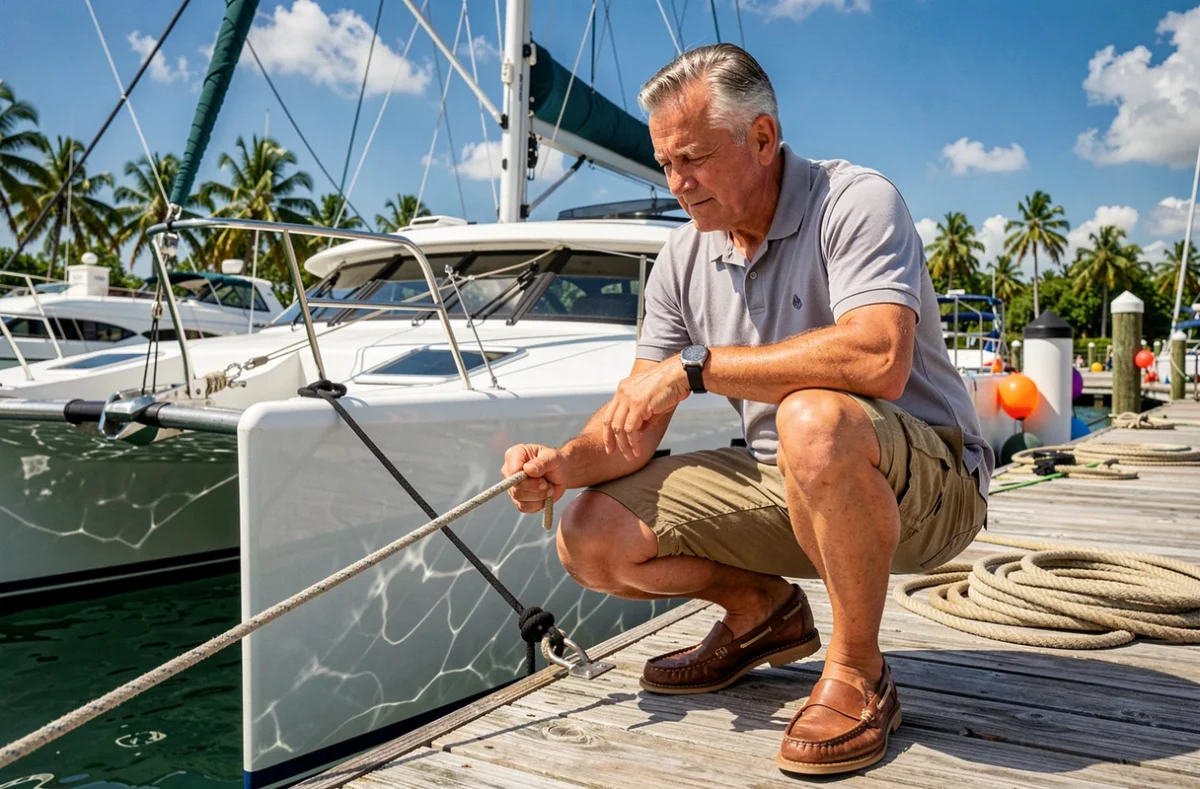 Homme inspectant la coque d'un catamaran amarré dans une marina des Caraïbes avant une croisière