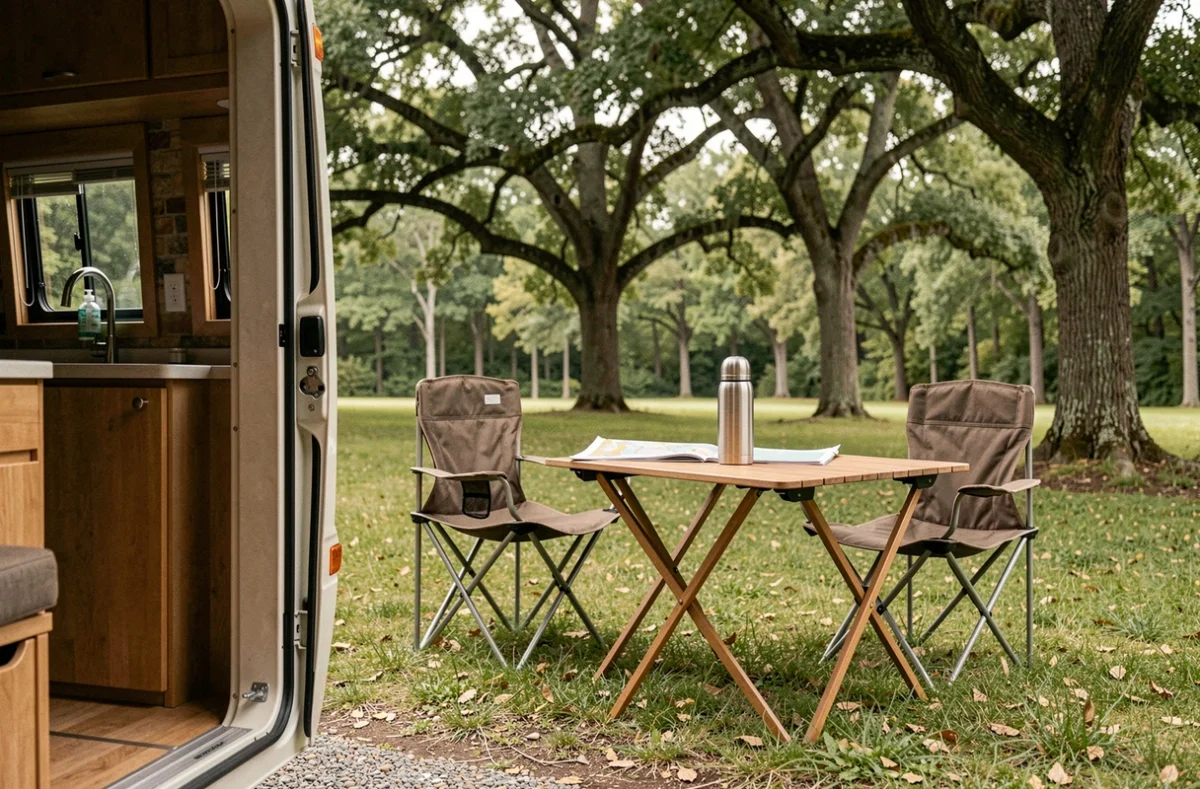 Installation confortable d'un camping-car avec table pliante dans un parking forestier proche de la Cascade du Hérisson